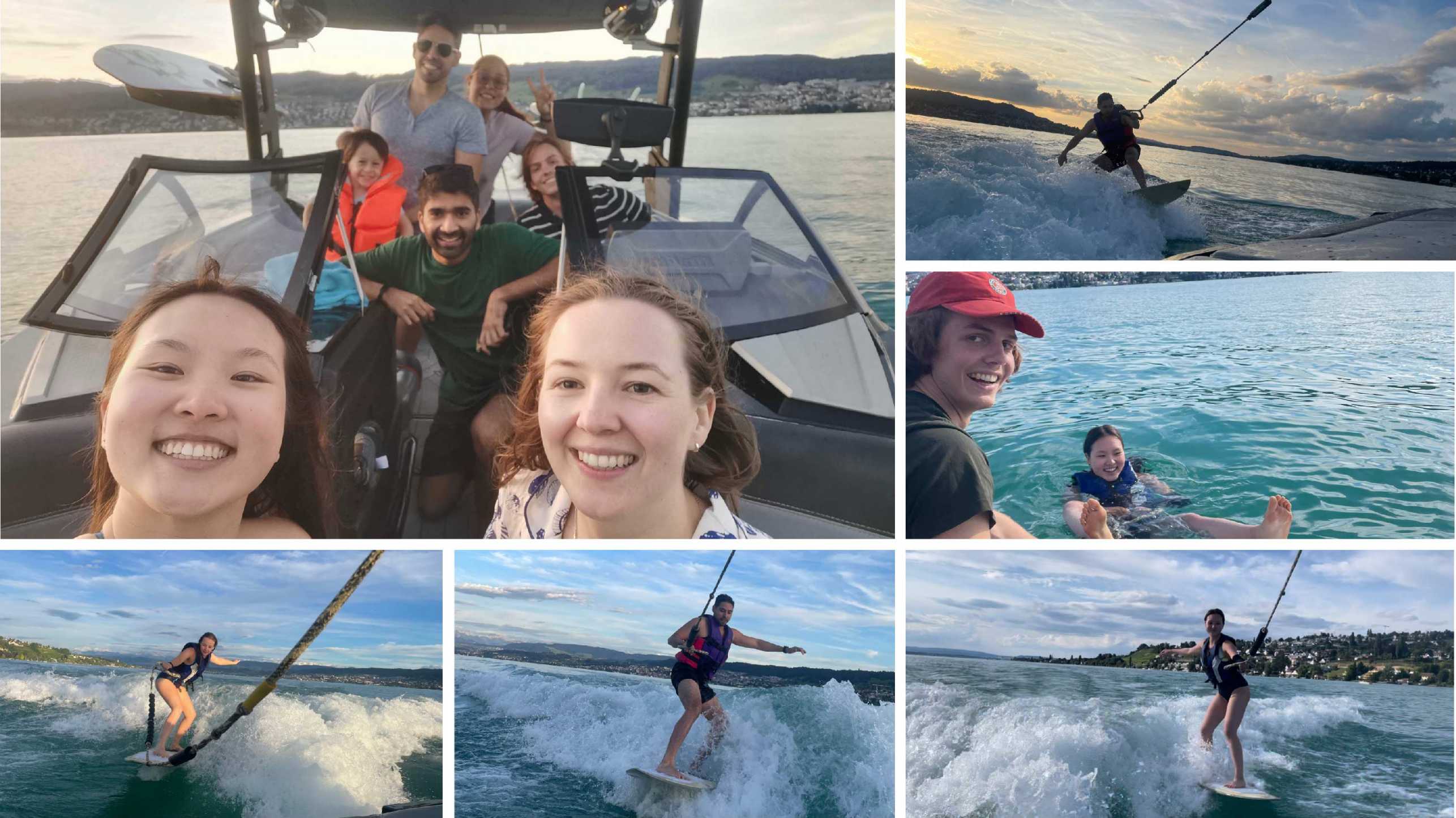 Enlarged view: Collage of pictures taken during a swimming trip of the Scai group. People on boat, in water and water skiing